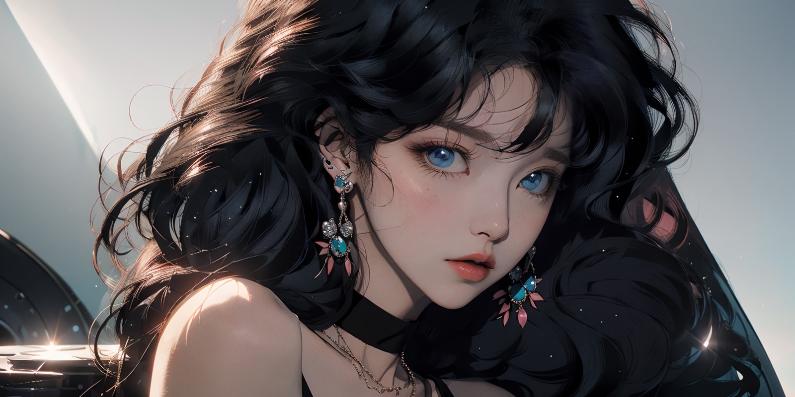 19031-2034667322-(masterpiece_1.2), best quality,PIXIV, _1girl, solo, black hair, jewelry, long hair, earrings, blue eyes, choker, looking at vie.png